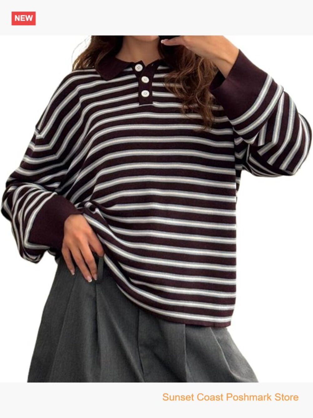 Women Oversized Striped Rugby Polo Shirt Long Sleeve Collared Pullover Y2k